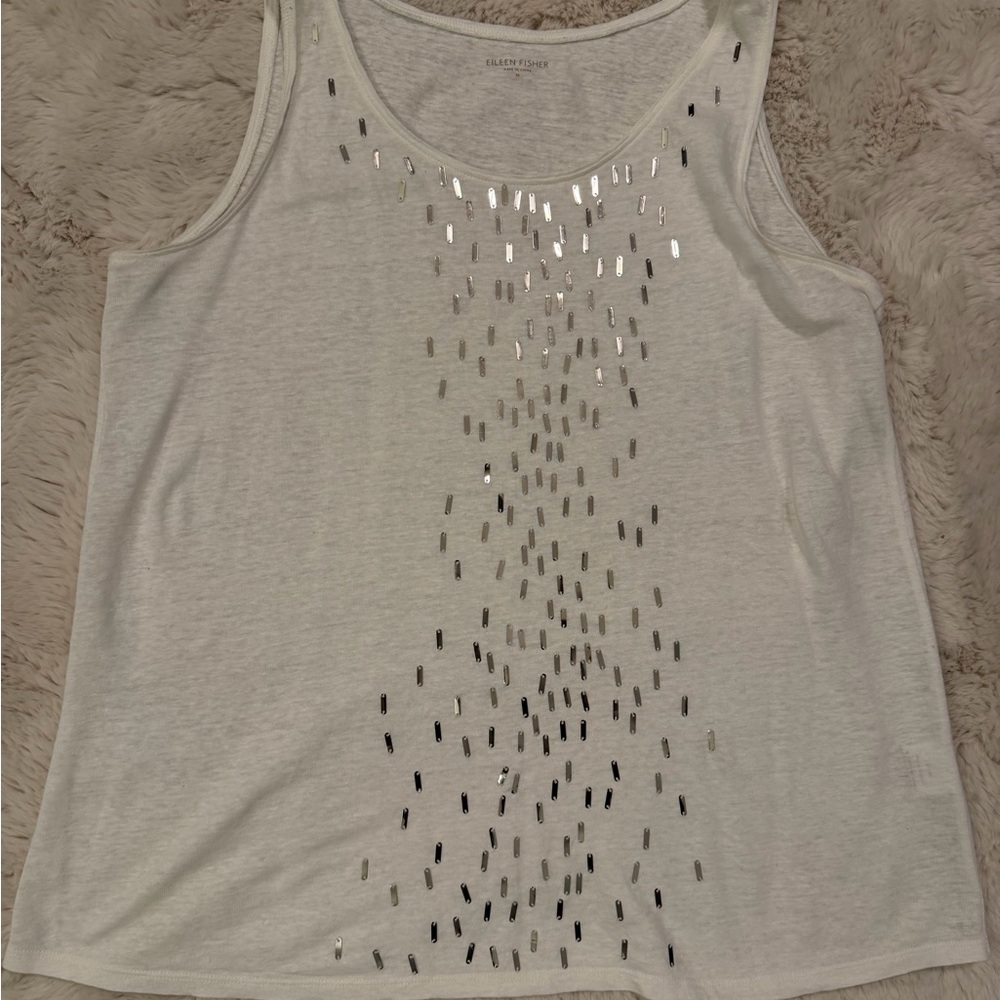 Eileen Fisher White Tank with Silver Sequin Cascade